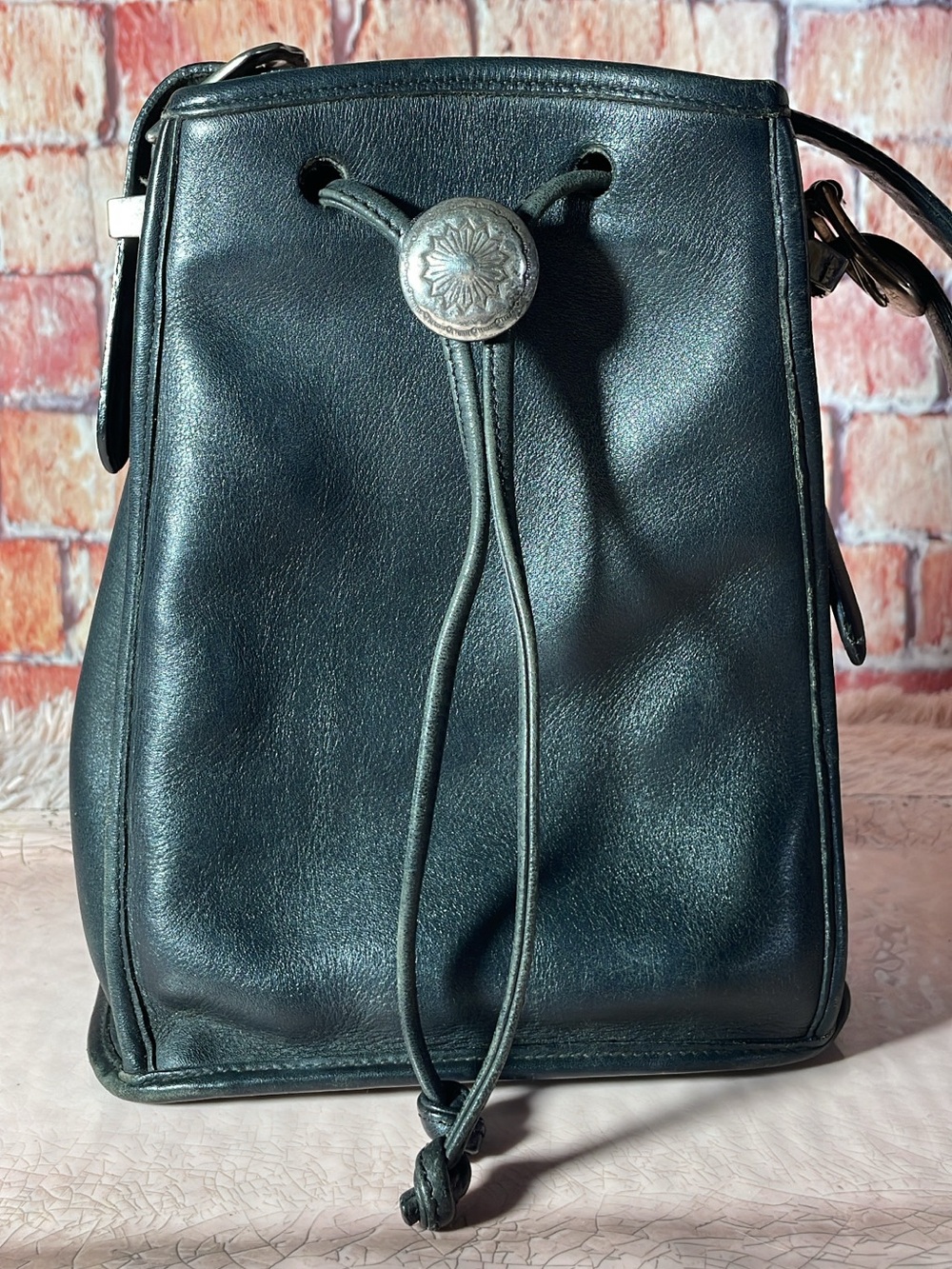 Brighton Classic Black Leather Drawstring Crossbody Bag with Silver Accent